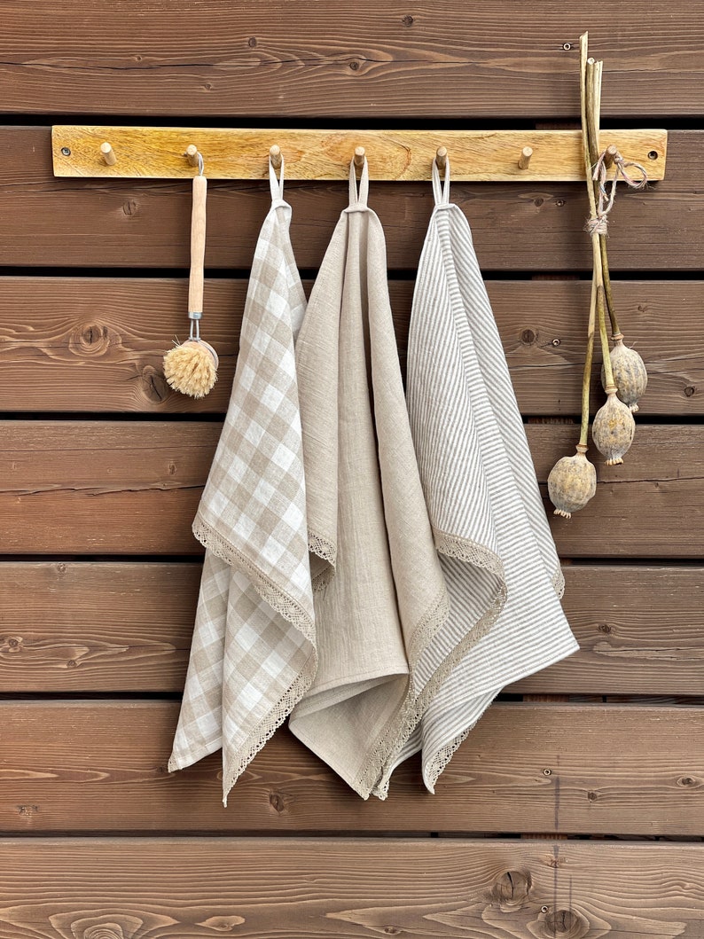Natural linen tea towel, Linen kitchen lace towel, Gingham towels, Linen dishcloth, Soft rustic linen hand towel, Gift towel, Eco flax towel image 3
