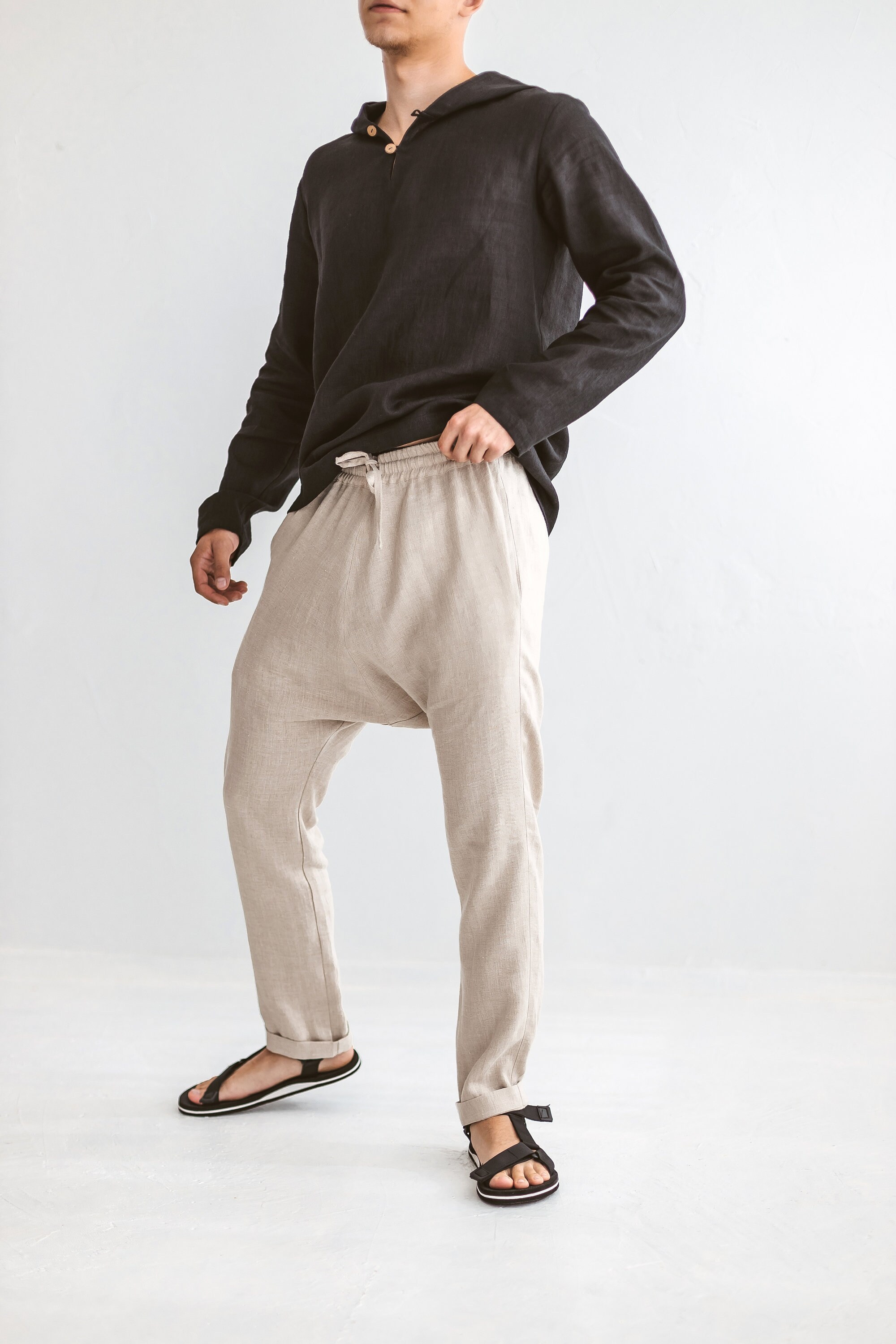 Seidarise Men's Linen Drop Crotch Harem Pants - Wide Leg Baggy Casual Pants With Drawstring Waist