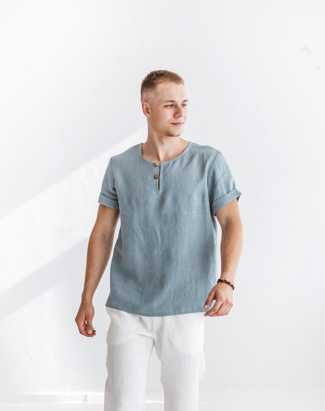 Linen T-shirt Buttons for Men Casual T-shirt Men DIFFERENT - Etsy