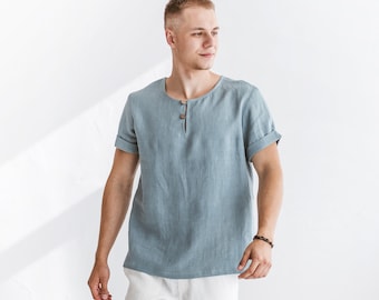 Linen t-shirt buttons for men, casual t-shirt men, DIFFERENT COLORS loose fit tshirt linen, natural fabric linen shirt, natural fabric shirt