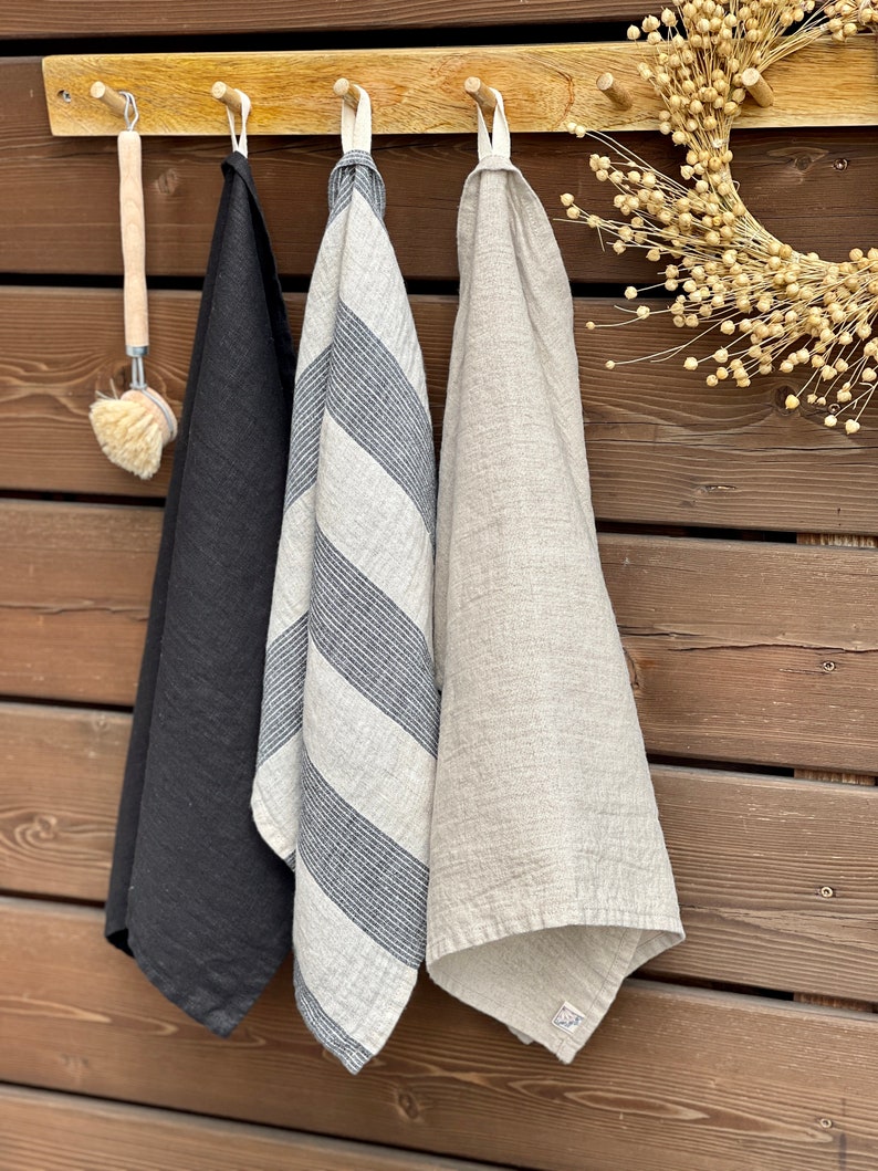 Linen tea towels 3 pcs. set, Soft kitchen towels, Washed linen kitchen towels, Natural fabric dish towels, Hand towels, Rustic towels set image 4