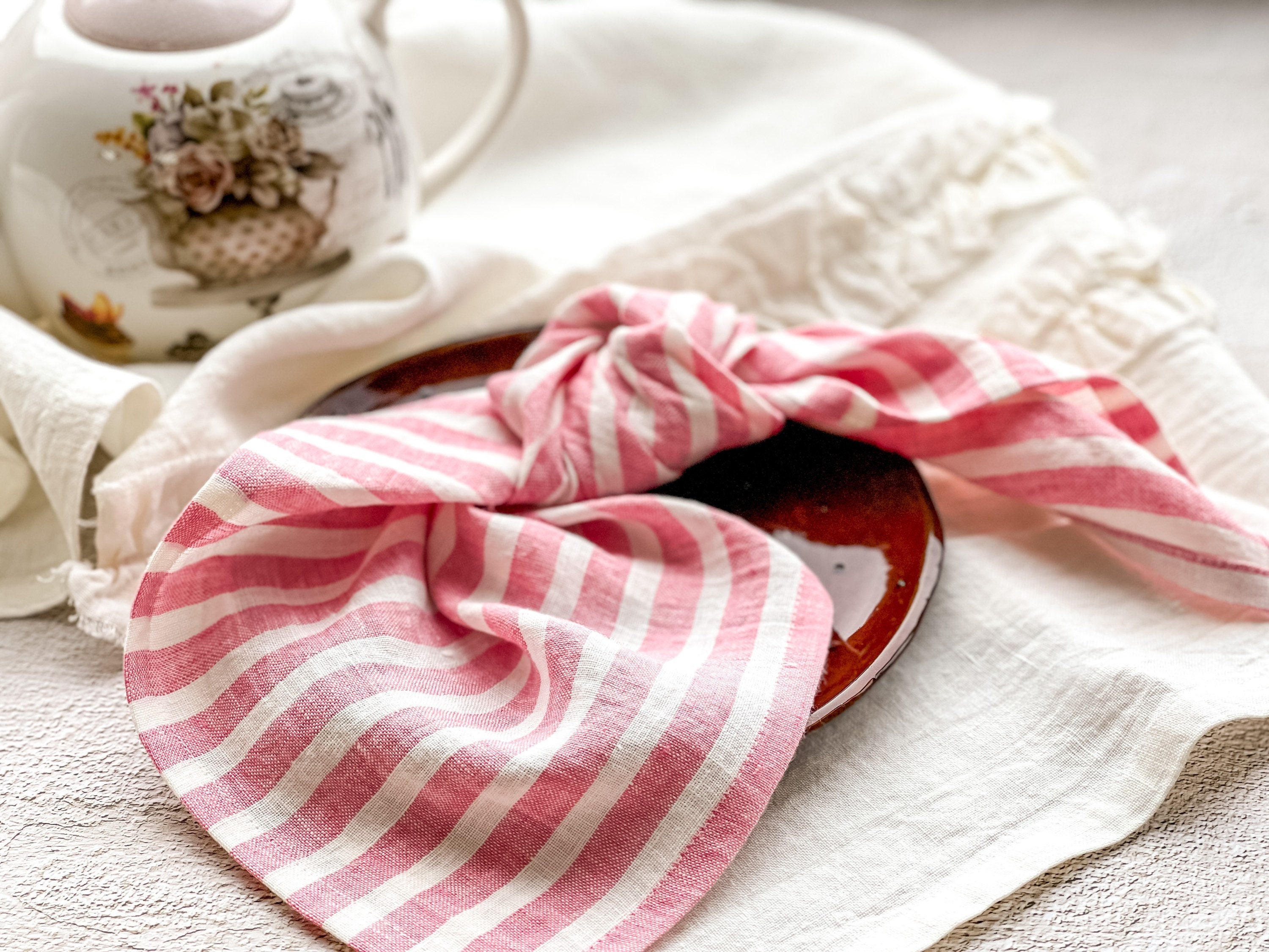 Linen napkins pink striped, Blue striped napkins, Nautical napkins, eco linen dinner napkins, stonewashed linen napkins, eco cloth napkins