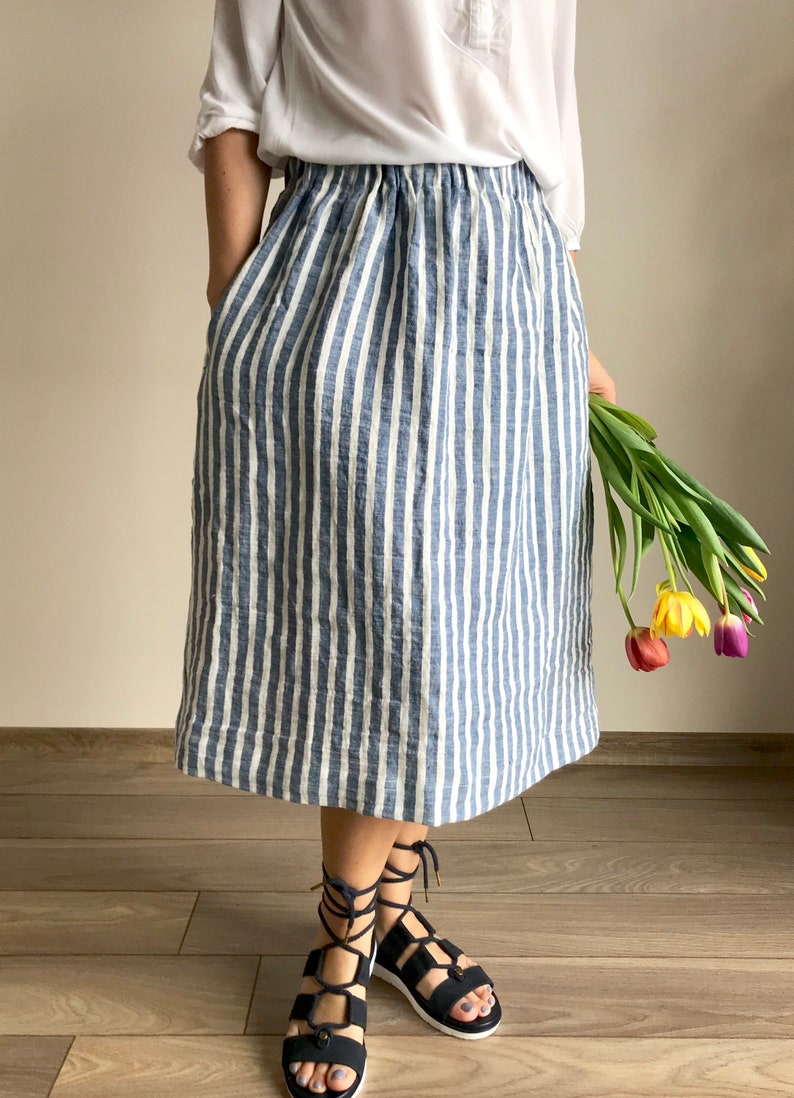 Linen skirt STRIPED midi-summer skirt with deep pockets-comfortable skirt wide elastic waistband-blue pink striped prewashed linen skirt