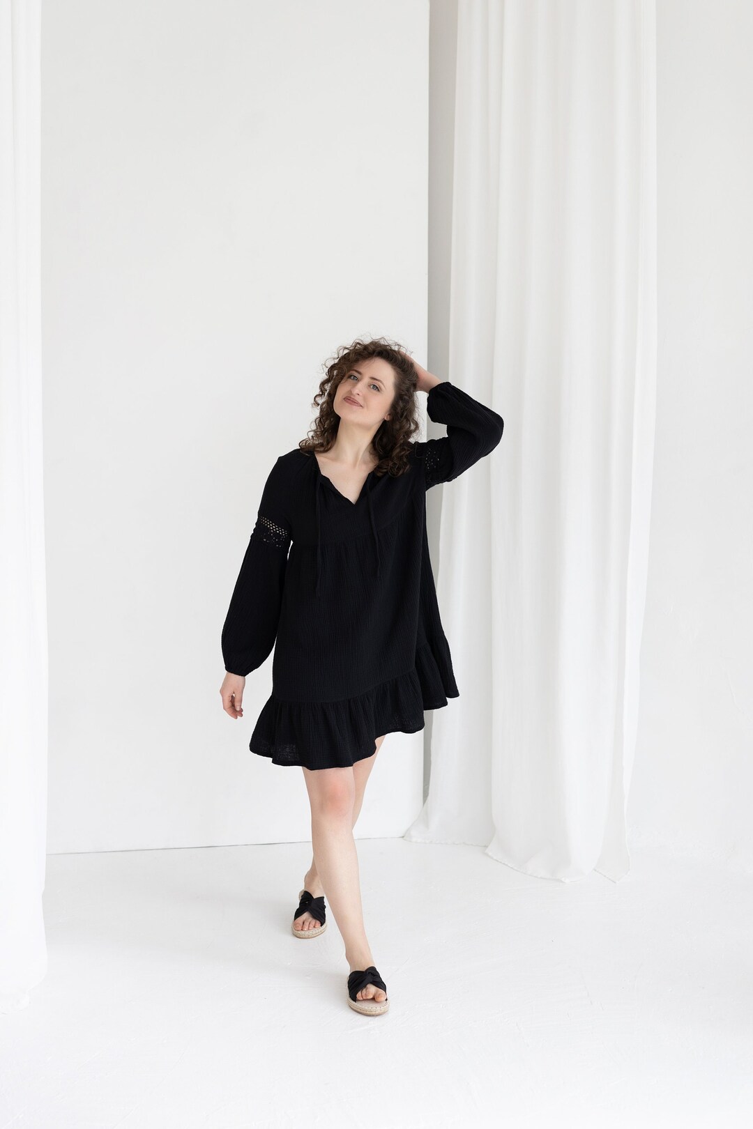 Black Cotton Gauze Dress, Light Beach Dress, Muslin Double Gauze Dress