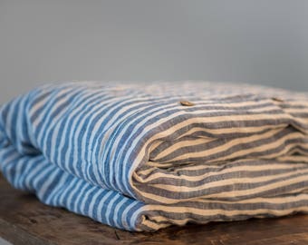 Linen duvet cover softened nautical white blue stripes-Twin Queen King US Euro UK sizes-Custom duvet cover-Natural organic linen bedding
