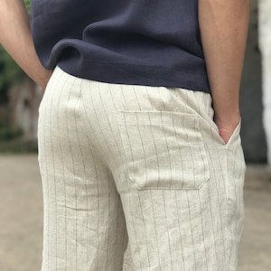 Men linen pants classic model, linen trousers, elastic waist pants, straight soft linen pants trousers, wedding beach pants, laungewear image 4