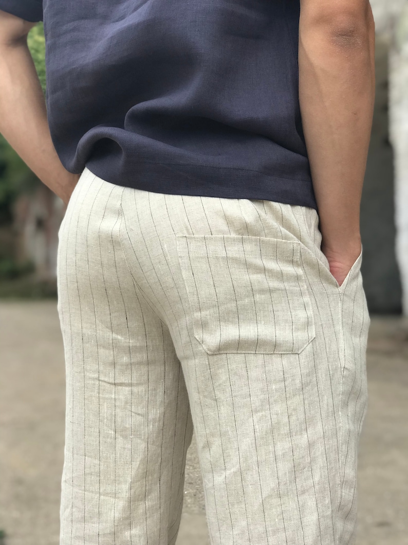 Men linen pants classic model, linen trousers, elastic waist pants, straight soft linen pants trousers, wedding beach pants, laungewear image 4