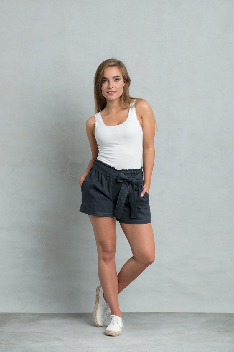 Women shorts linen, linen shorts high waist, shorts with belt and pockets, comfortable shorts wide elastic waistband, holiday resort shorts image 2