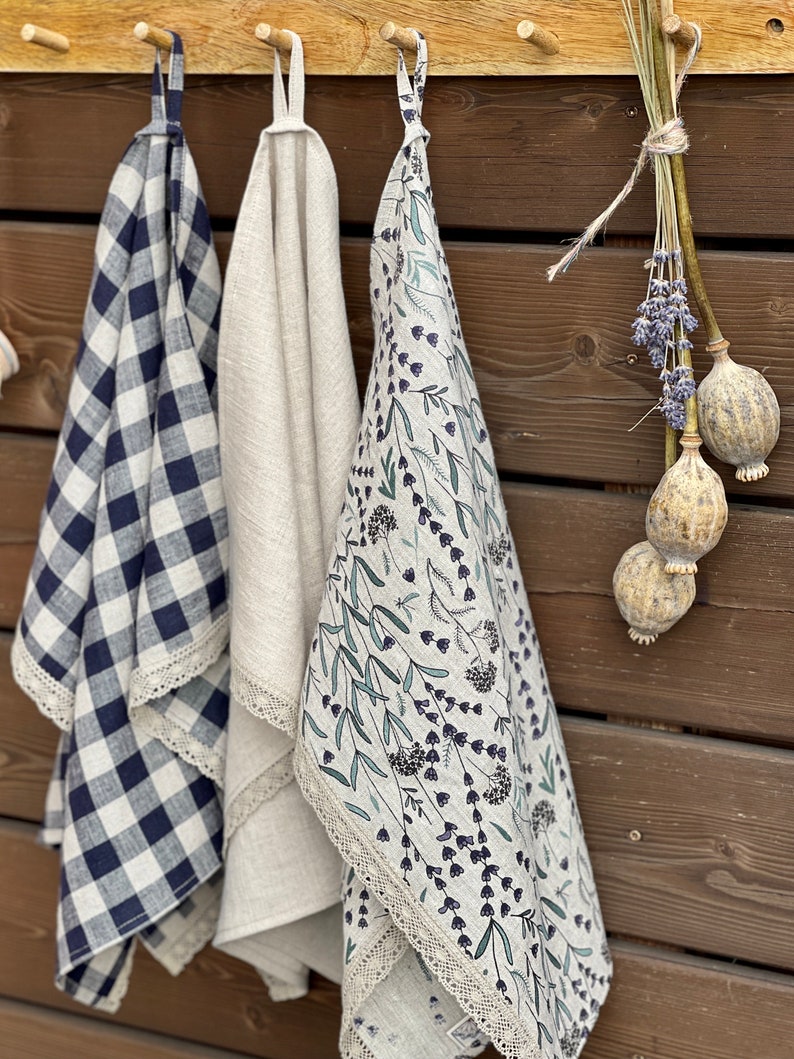 Natural linen tea towel, Linen kitchen lace towel, Gingham towels, Linen dishcloth, Soft rustic linen hand towel, Gift towel, Eco flax towel image 6