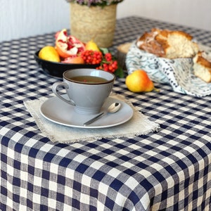 Linen tablecloth, Gingham tablecloth, Rectangle tablecloth, Checkered Tablecloth Blue/Natural LARGE