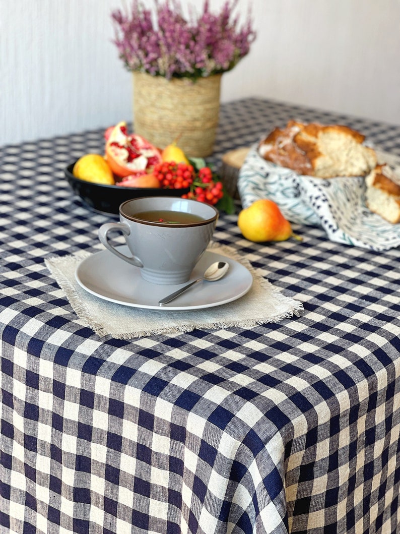 Linen tablecloth, Gingham tablecloth, Rectangle tablecloth, Checkered Tablecloth Blue/Natural LARGE