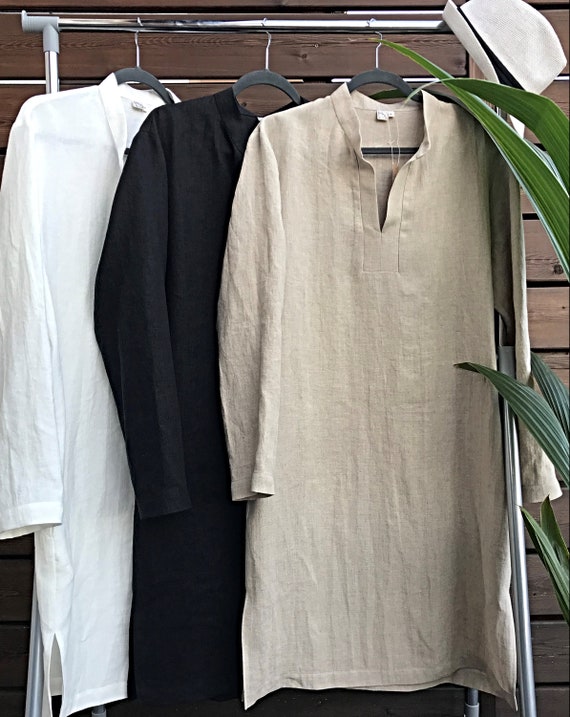 Caftano da uomo camicia di lino lunga caftano di lino tunica