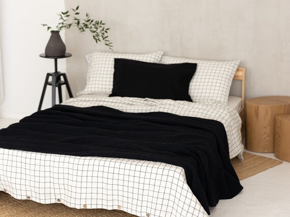 Waffle Linen Blanket Black. Linen Cotton Throw Coverlet. Linen Bed Spread Teens Queen King Sizes. Waffle Fabric Soft Summer Blanket Etsy Canada