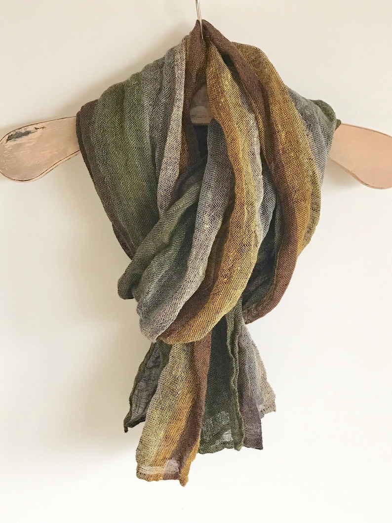 Men Scarf, Linen scarf for men, Green Brown lightweight scarf, Striped Pure Linen Scarf, Organic linen scarf with fringes, fall autumn scarf image 4