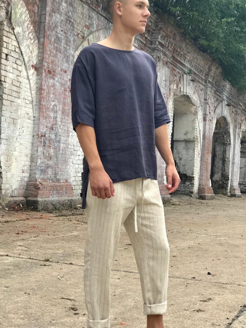 Men linen pants classic model, linen trousers, elastic waist pants, straight soft linen pants trousers, wedding beach pants, laungewear image 3