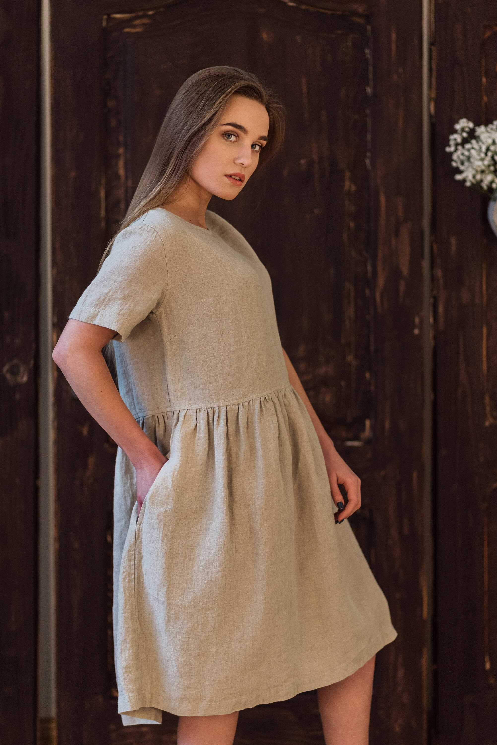 Everyday smock dress women washed linen dress ruffled short | Etsy