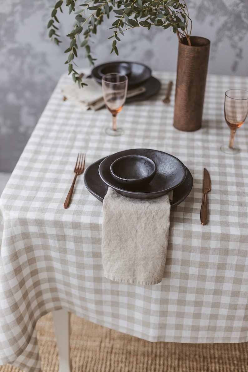 Linen tablecloth, Gingham tablecloth, Rectangle tablecloth, Checkered Tablecloth Natural/White LARGE