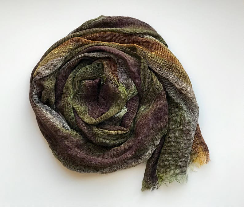 Men Scarf, Linen scarf for men, Green Brown lightweight scarf, Striped Pure Linen Scarf, Organic linen scarf with fringes, fall autumn scarf image 2