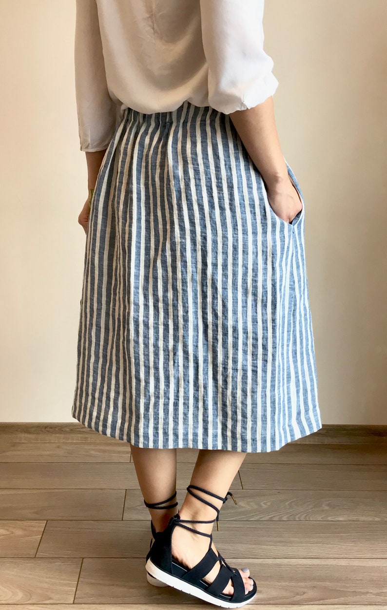 Linen skirt STRIPED midi-summer skirt with deep pockets-comfortable skirt wide elastic waistband-blue pink striped prewashed linen skirt