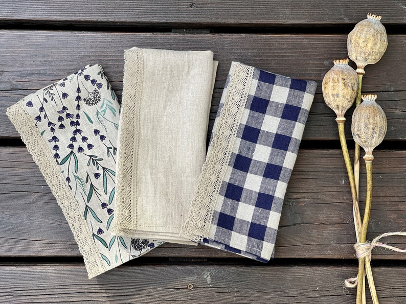 Natural linen tea towel, Linen kitchen lace towel, Gingham towels, Linen dishcloth, Soft rustic linen hand towel, Gift towel, Eco flax towel image 9