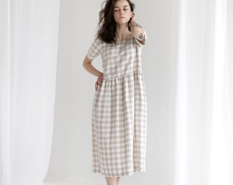 Gathered linen dress with pockets, Gingham dress, Smock linen dress, Loose Pure linen dress ruffled, soft linen dress, washed linen dress