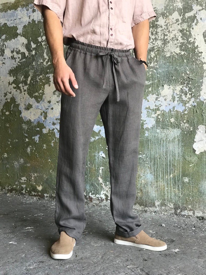 Linen Men Pants Brown Gray Linen Trousers Drawstring Elastic - Etsy