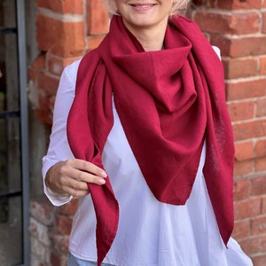 Red linen large scarf shawl wrap, Cherry red pure linen scarf, Fall autumn scarf 27 COLORS, Triangle scarf, Warm linen scarf, Valentine gift image 1