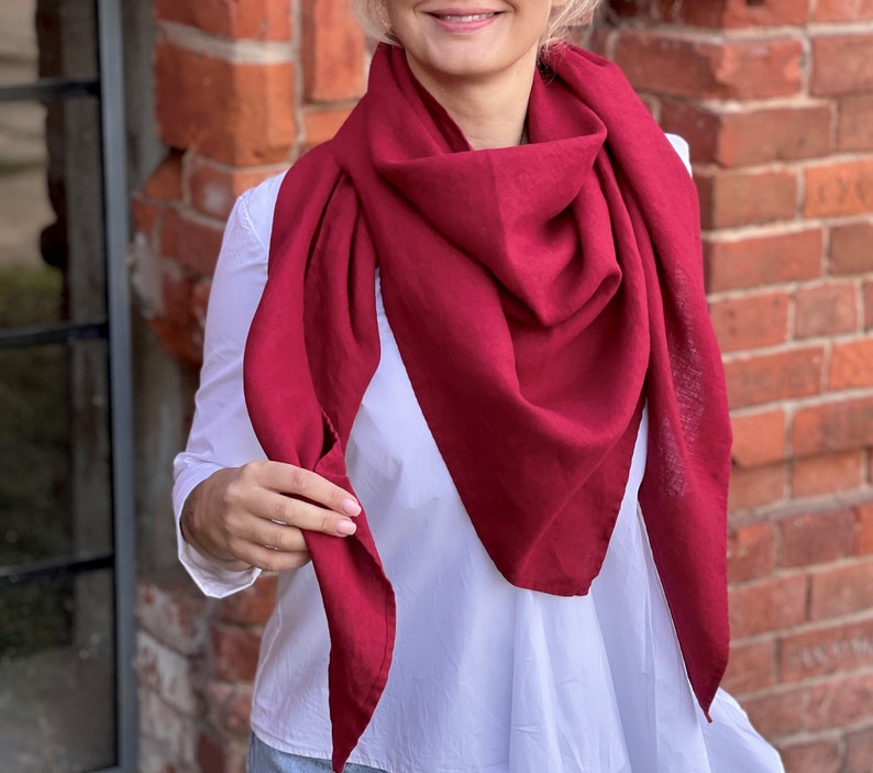 Red linen large scarf shawl wrap, Cherry red pure linen scarf, Fall autumn scarf 27 COLORS, Triangle scarf, Warm linen scarf, Valentine gift image 1