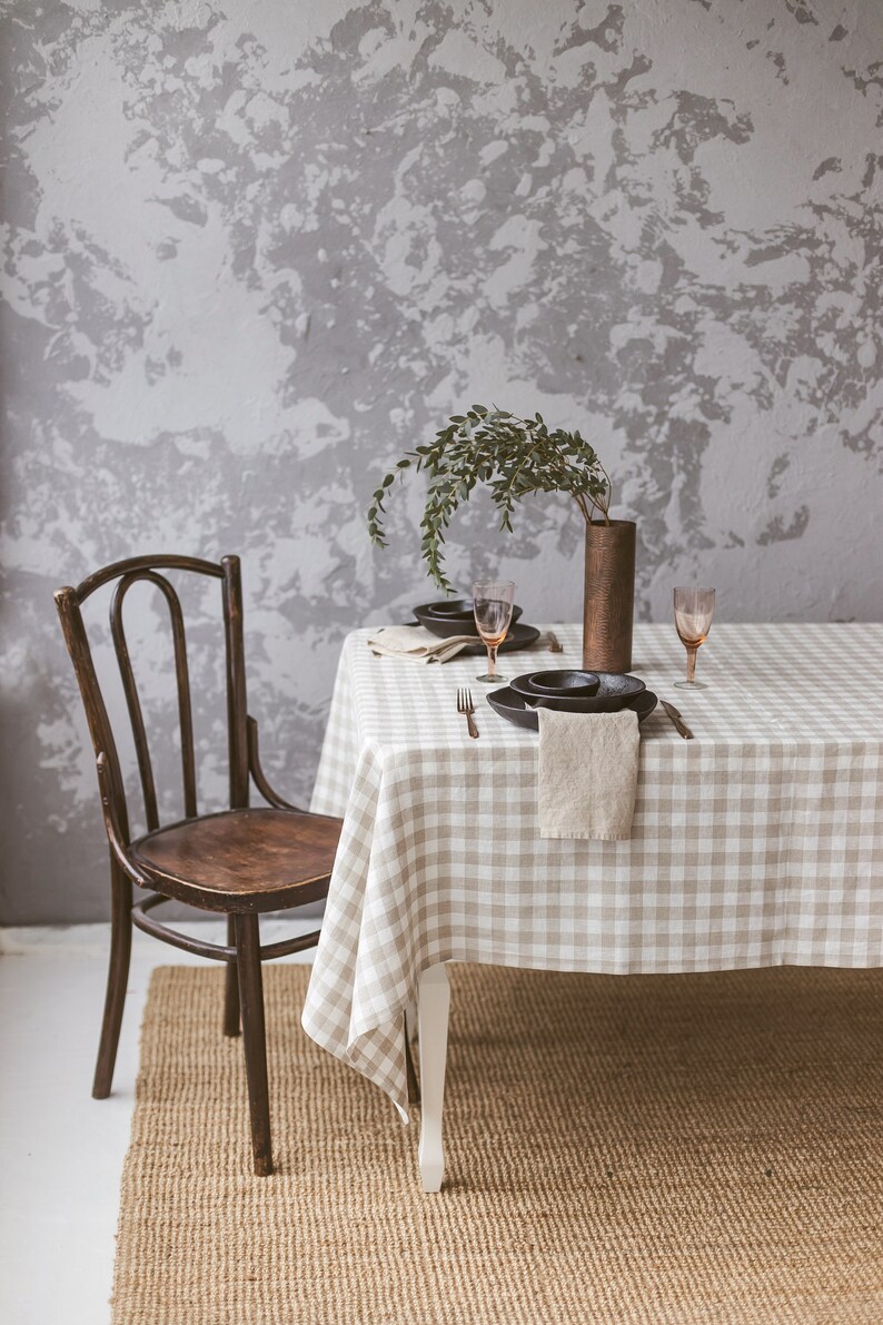 Farmhouse Linen Tablecloth 24 COLORS Gingham Natural Check Soft Tablecloth OEKOtex linen tablecloth Natural Checkered Linen Tablecloth