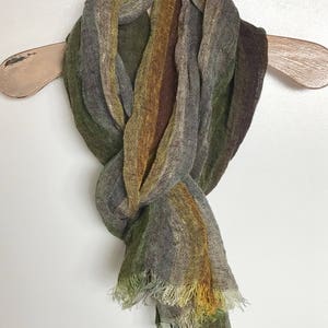 Linen Scarf Green, Earthy tones shawl, Gauzy linen scarf, Lightweight striped Pure Linen Scarf, Organic linen scarf fringes, spring scarf image 7