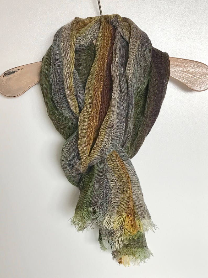 Linen Scarf Green, Earthy tones shawl, Gauzy linen scarf, Lightweight striped Pure Linen Scarf, Organic linen scarf fringes, spring scarf image 7