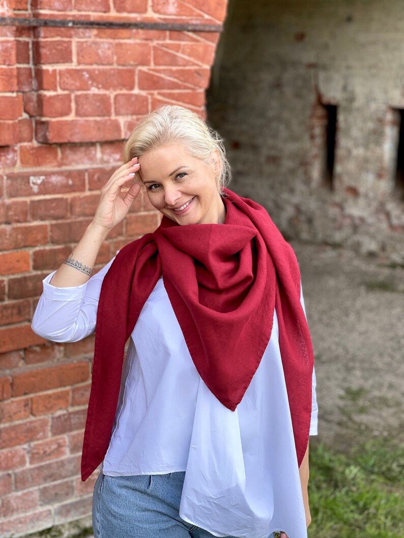 Red linen large scarf shawl wrap, Cherry red pure linen scarf, Fall autumn scarf 27 COLORS, Triangle scarf, Warm linen scarf, Valentine gift image 3