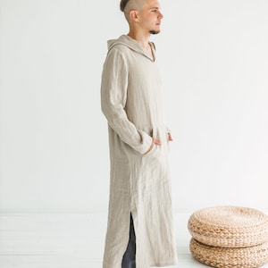 Men Kaftan hooded, Linen Caftan with hoodie, long linen tunic robe, Mens long shirt, Lounge wear, long Robe, linen clothing men, beachwear