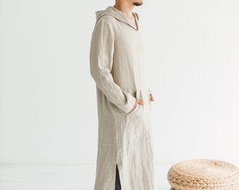 Männer Kaftan mit Kapuze, Leinen Kaftan mit Kapuze, lange Leinen Tunika Robe