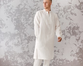 White wedding shirt men, beach wedding kaftan tunic, white linen robe men, long shirt for men, natural fabric tunic shirt, Moroccan shirt