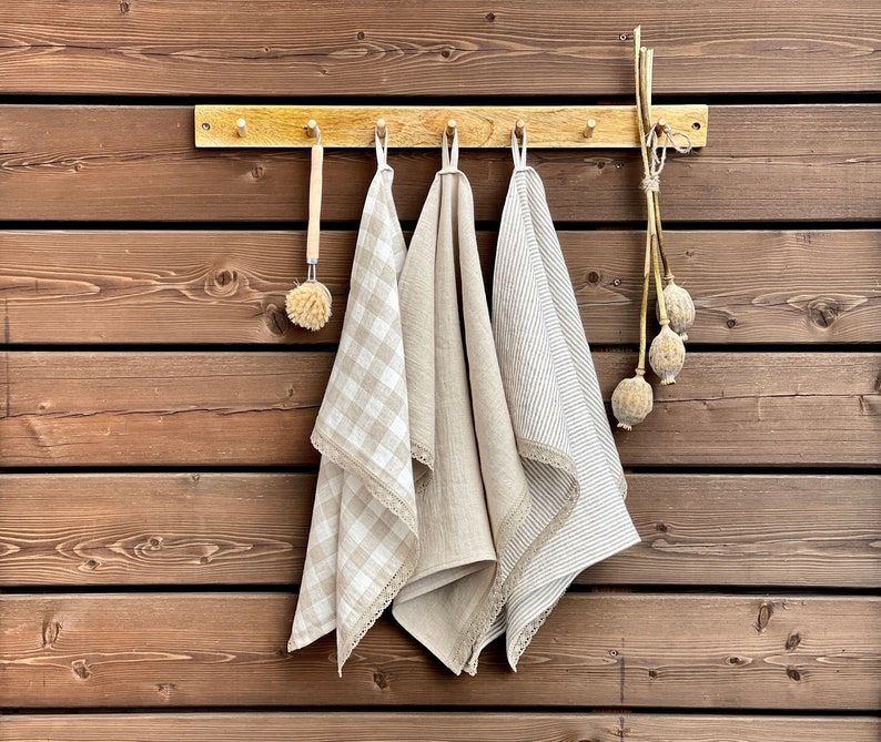 Natural linen tea towel, Linen kitchen lace towel, Gingham towels, Linen dishcloth, Soft rustic linen hand towel, Gift towel, Eco flax towel image 1