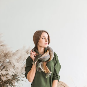 Linen Scarf Green, Earthy tones shawl, Gauzy linen scarf, Lightweight striped Pure Linen Scarf, Organic linen scarf fringes, spring scarf image 2