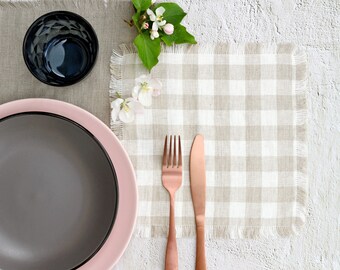 Linen napkins checkered fringed, frayed flax napkins, soft pure linen napkins, dinner cocktail napkins, wedding birthday rustic table decor