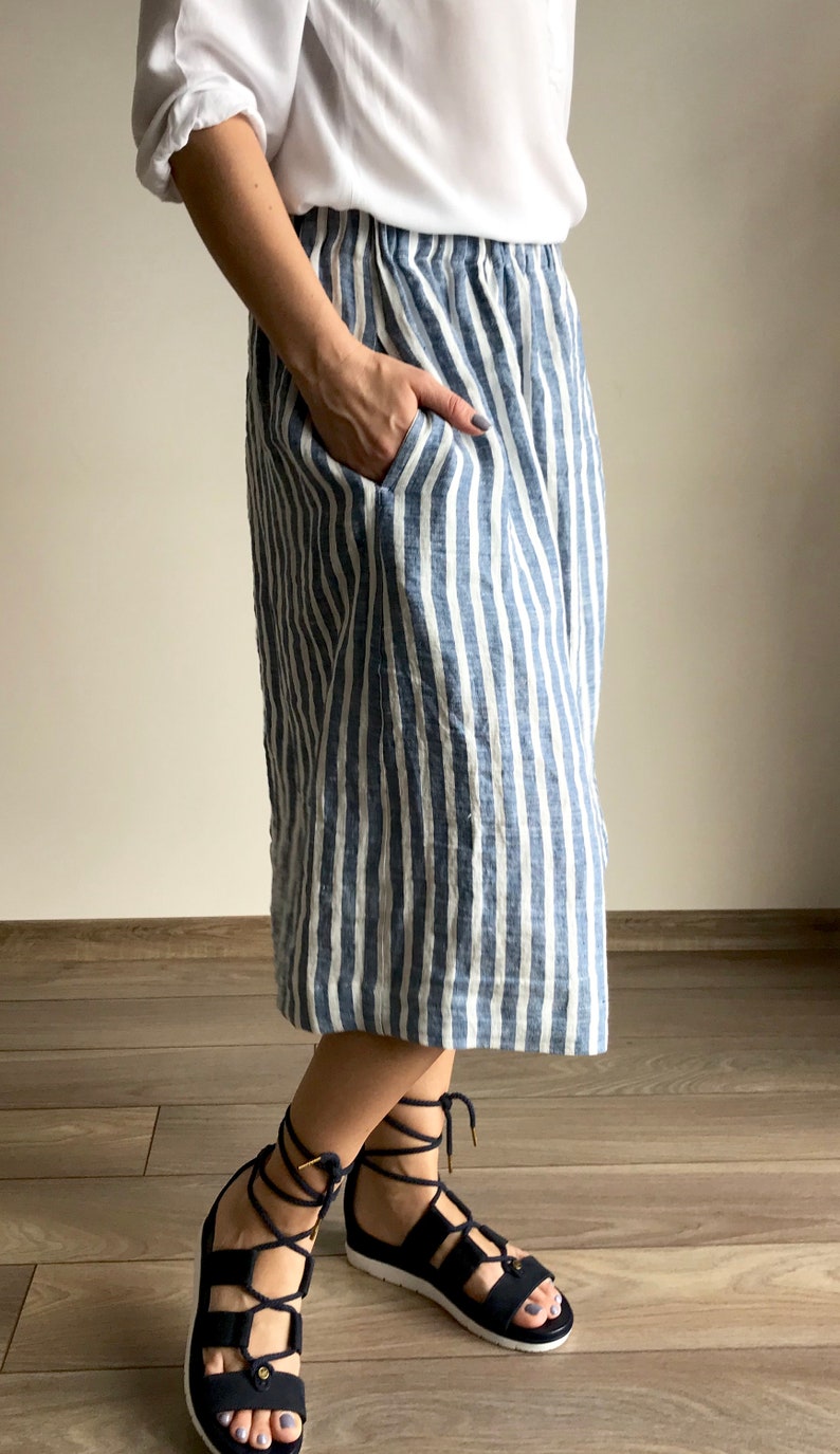 Linen skirt STRIPED midi-summer skirt with deep pockets-comfortable skirt wide elastic waistband-blue pink striped prewashed linen skirt
