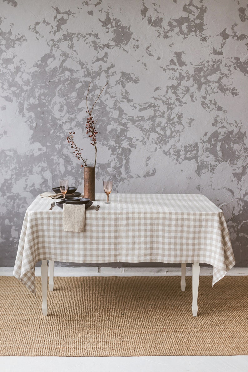 Farmhouse Linen Tablecloth 24 COLORS Gingham Natural Check Soft Tablecloth OEKOtex linen tablecloth Natural Checkered Linen Tablecloth