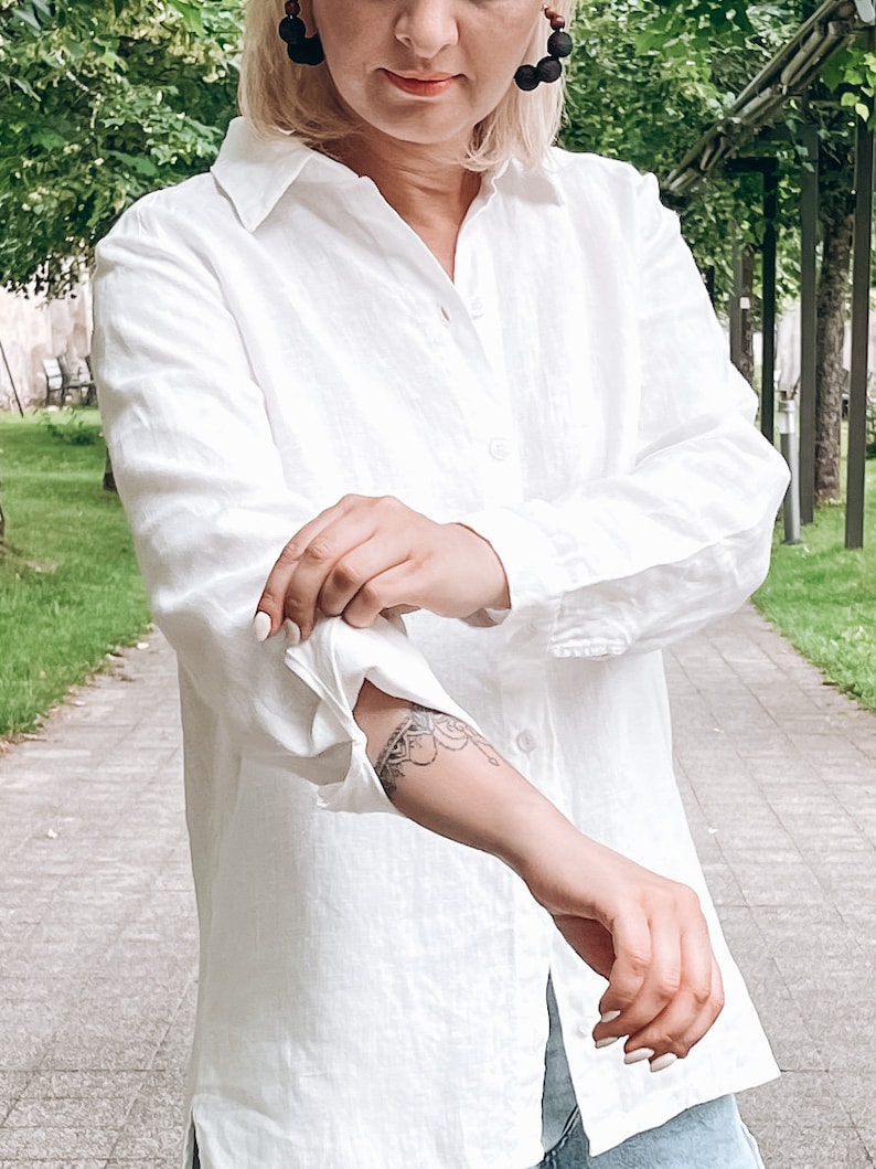 Chemise en lin blanc femme, chemise à col, chemise tunique, chemise boutonnée image 5