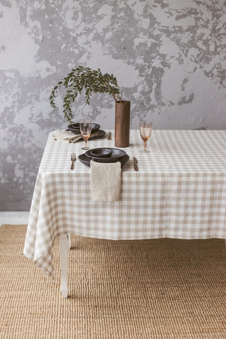 Farmhouse Linen Tablecloth 24 COLORS Gingham Natural Check Soft Tablecloth OEKOtex linen tablecloth Natural Checkered Linen Tablecloth