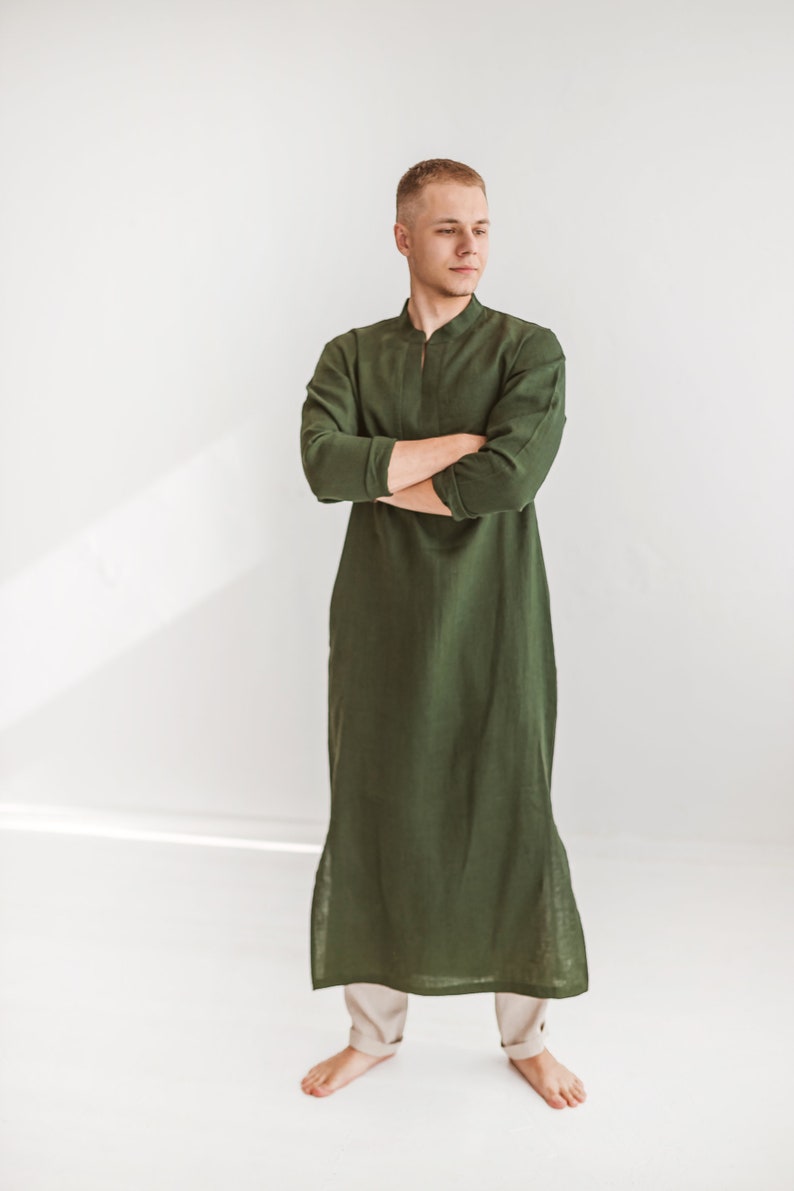 Men Kaftan Dark Green Linen Caftan Long Linen Shirt Mens Etsy Australia