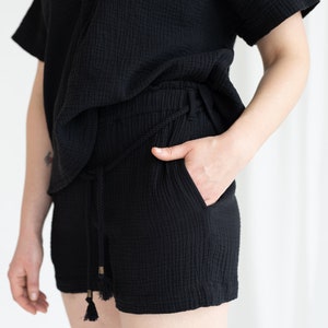 Organic cotton top shorts set, Cotton gauze lounge set, Black kimono top and shorts, Light summer clothing, Beach set image 3