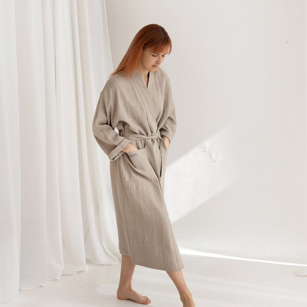 Linen bathrobe heavy raw linen, Soft linen night robe, Heavy linen sauna massage gown, Natural fabric SPA robe, Rustic sauna robe