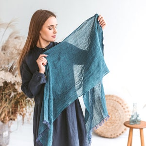 Teal blue Linen Scarf for men women unisex 19x71"-green blue spring scarf-lightweight Pure Linen Scarf