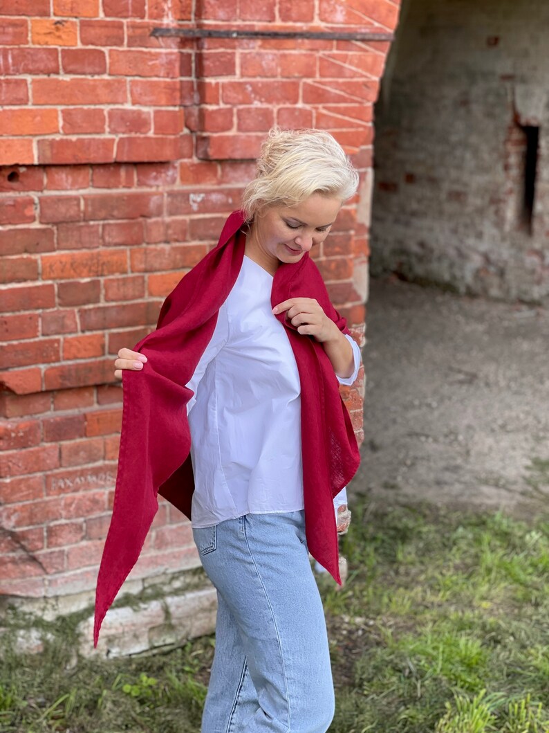 Red linen large scarf shawl wrap, Cherry red pure linen scarf, Fall autumn scarf 27 COLORS, Triangle scarf, Warm linen scarf, Valentine gift image 5