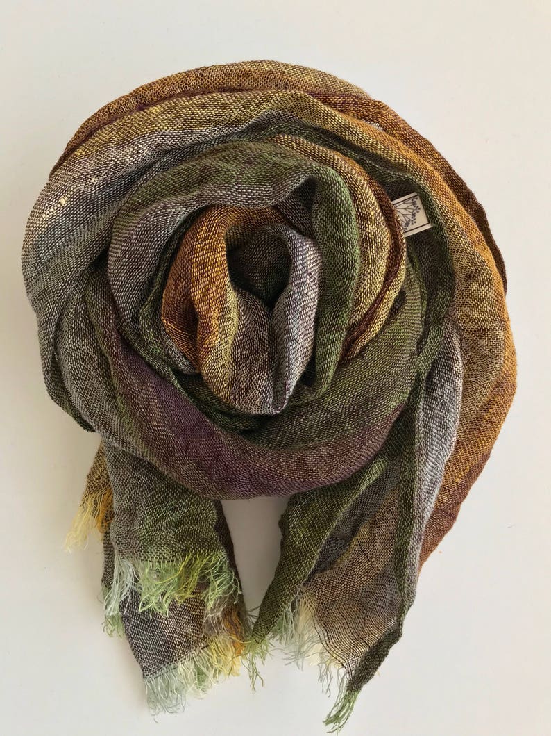 Linen Scarf Green, Earthy tones shawl, Gauzy linen scarf, Lightweight striped Pure Linen Scarf, Organic linen scarf fringes, spring scarf image 6