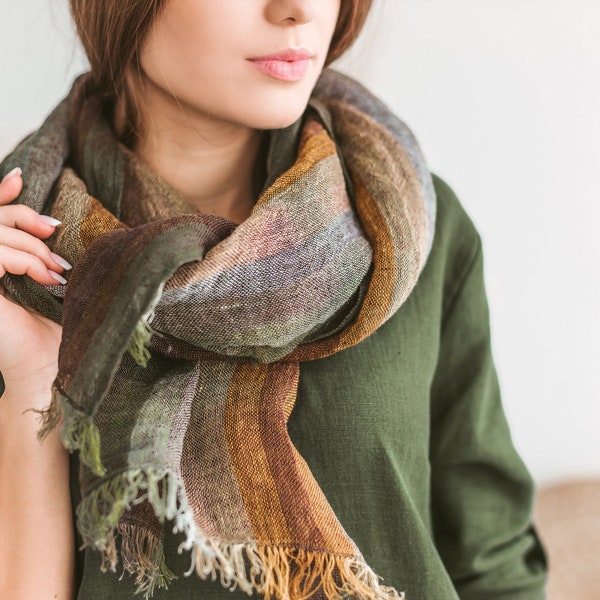 Linen Scarf Green, Earthy tones shawl, Gauzy linen scarf, Lightweight striped Pure Linen Scarf, Organic linen scarf fringes, spring scarf