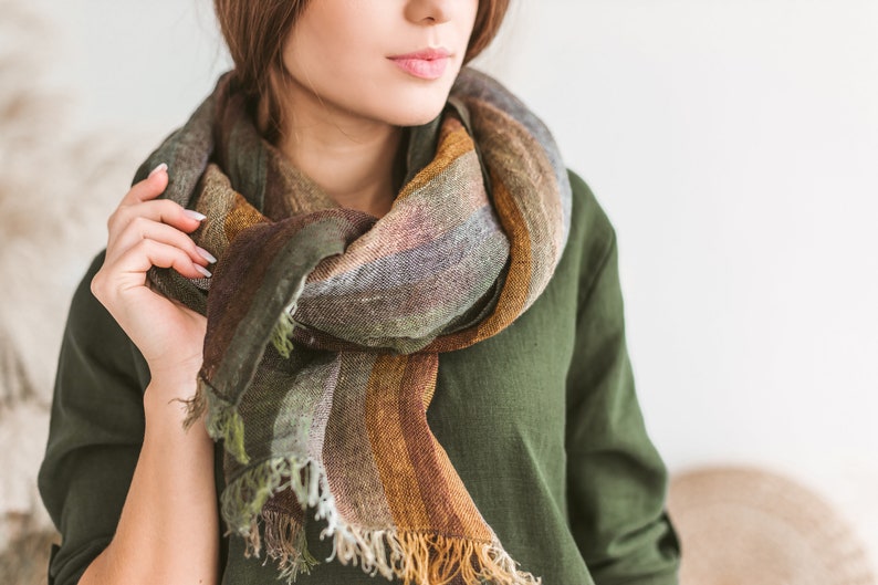 Linen Scarf Green, Earthy tones shawl, Gauzy linen scarf, Lightweight striped Pure Linen Scarf, Organic linen scarf fringes, spring scarf image 1